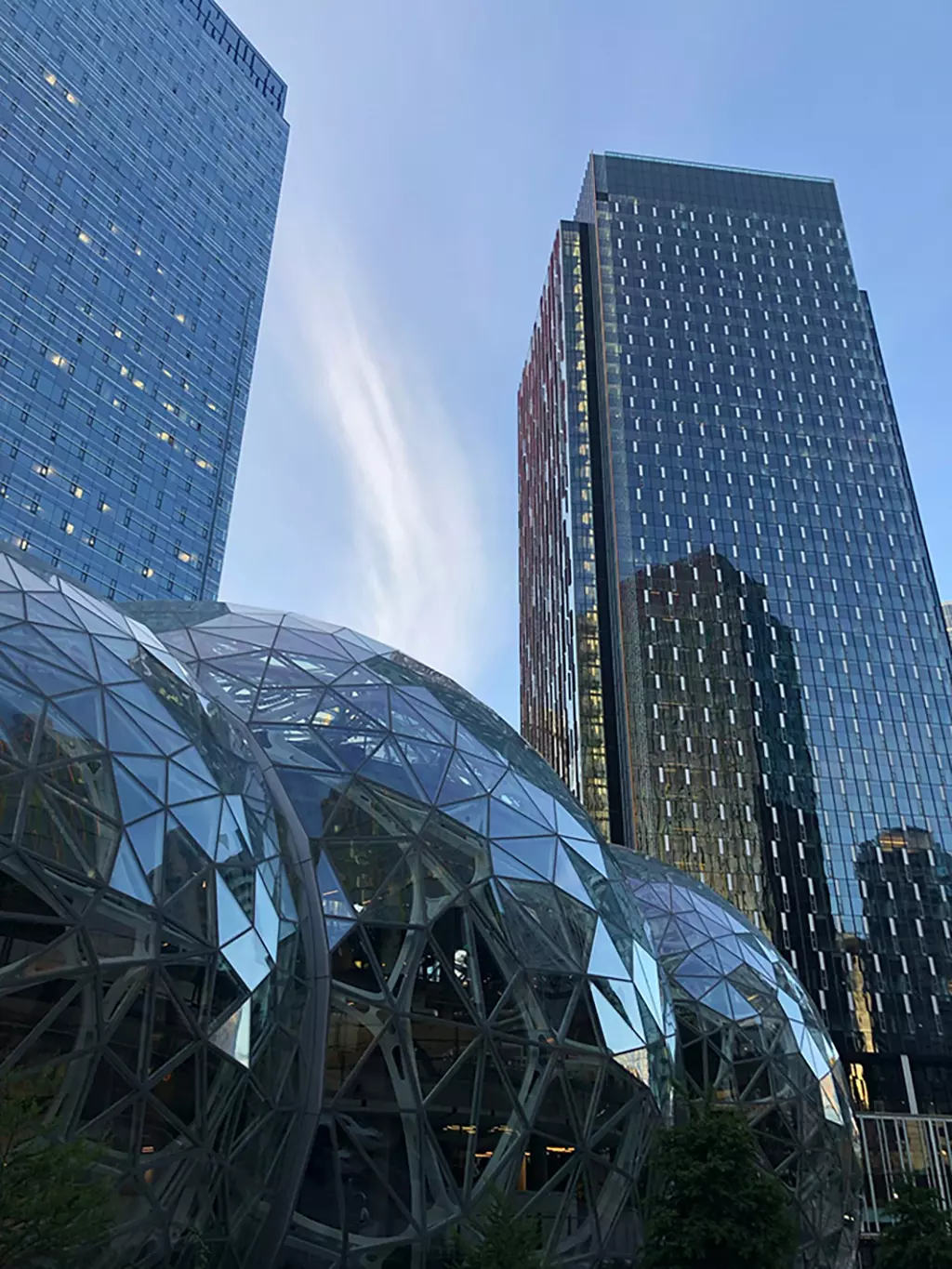 Les buildings et The spheres, dans le campus d'Amazon à Seattle