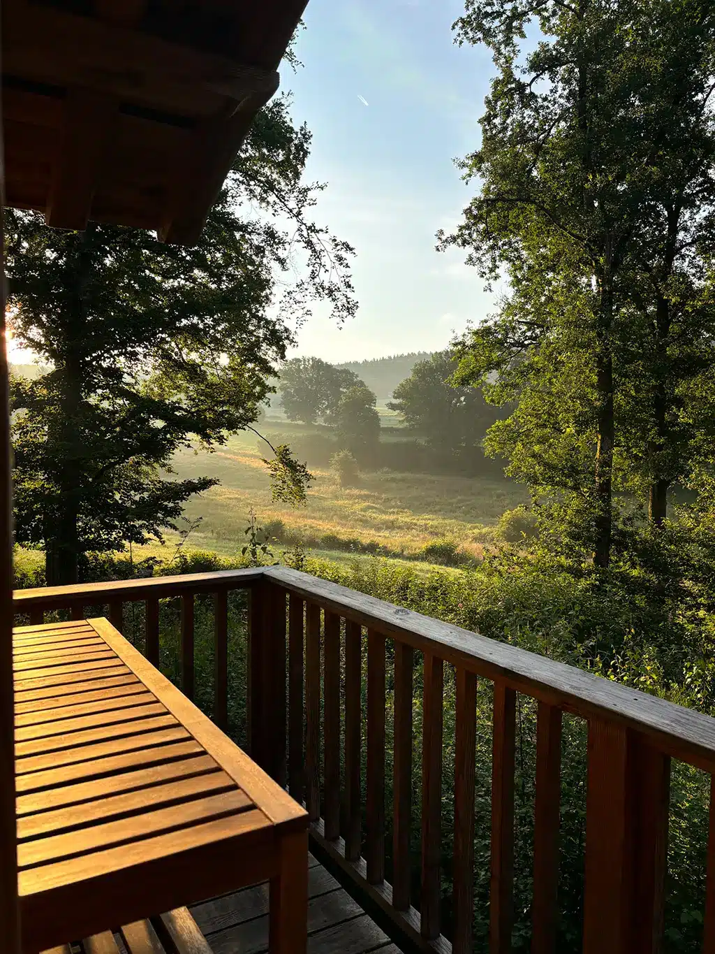 Lever de soleil doré sur les prairies depuis le balcon du Woodpecker Lodge, parfait pour commencer un week-end romantique en Ardennes.