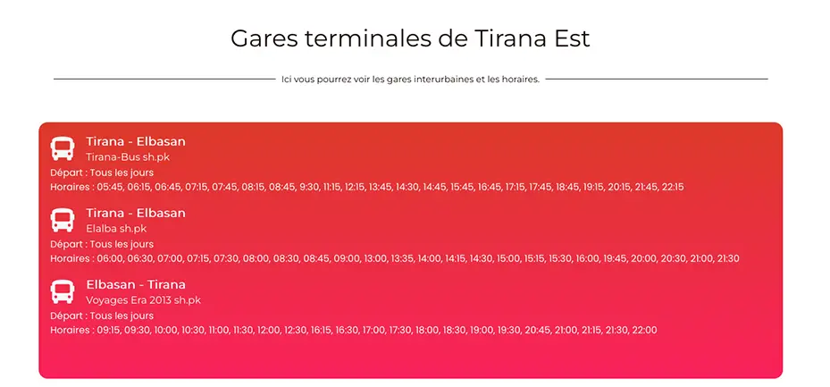 exemple trajet depuis la gare routière de Tirana est