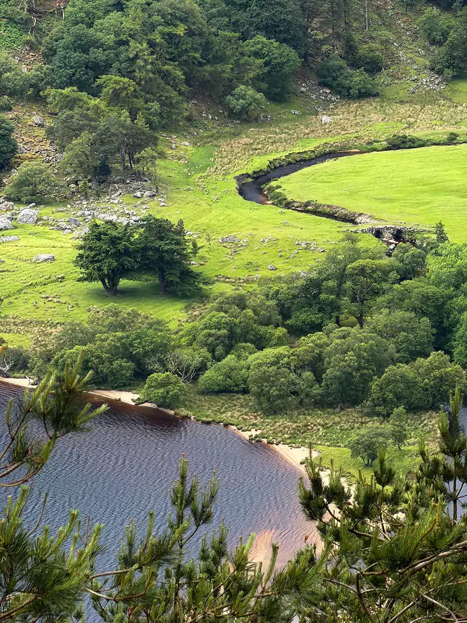 Vue sur un lac et une vallée verdoyante près de Dublin