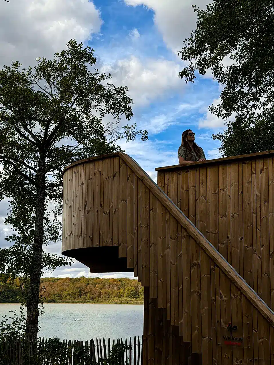 Plateforme d’observation en bois dominant l’étang de Virelles